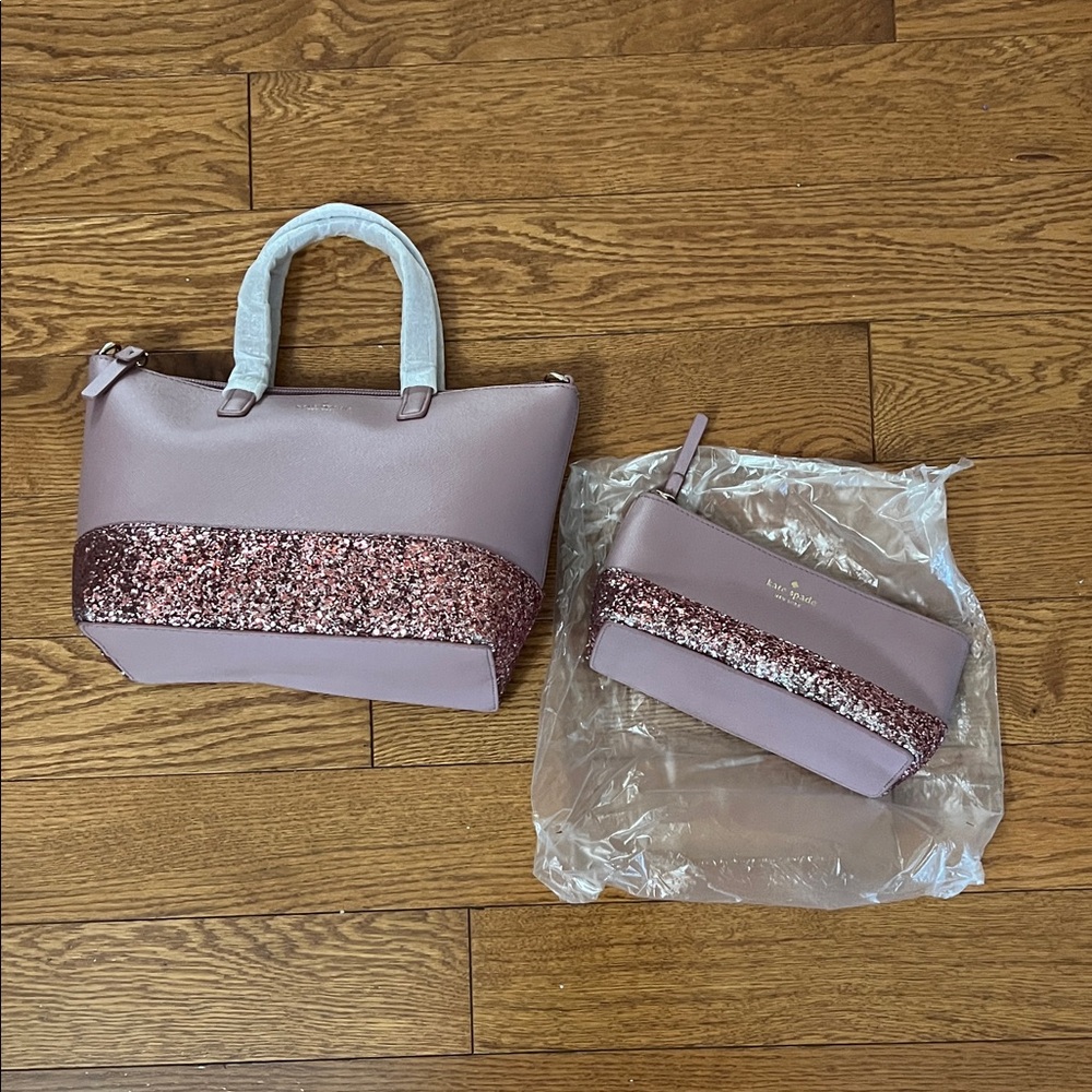 Kate Spade NEW Pink Glitter Bag 2-piece Set, Handbag & Cosmetic Bag